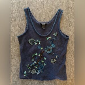 Express blue ribbed tank top with beaded floral embroidery womens size large